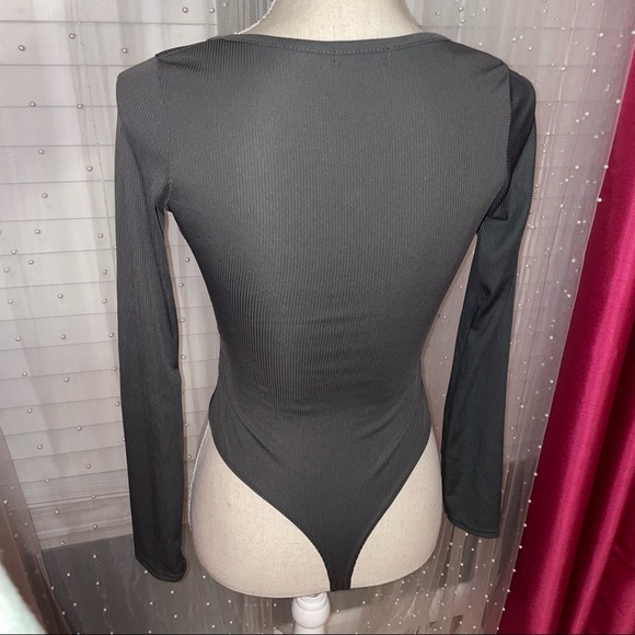 Grey Ribbed Button Up BodySuit - Picture 6 of 7